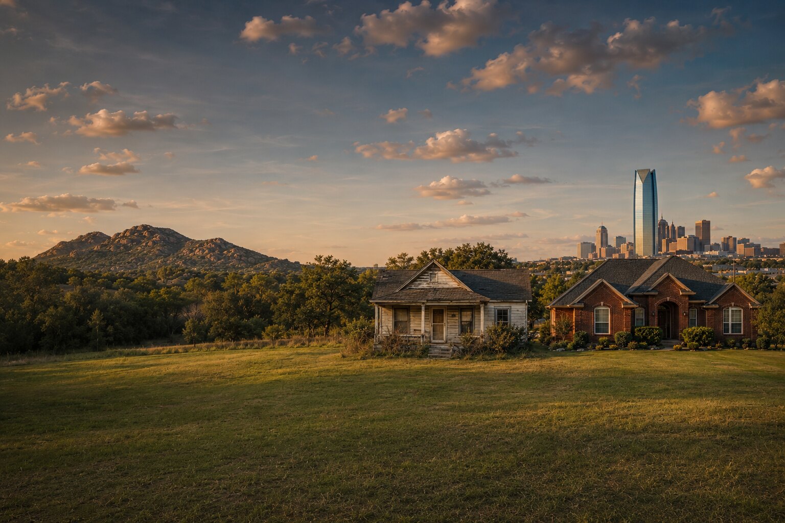 An older Oklahoma fixer-upper and a well-maintained brick home with the Wichita Mountains and Oklahoma City skyline